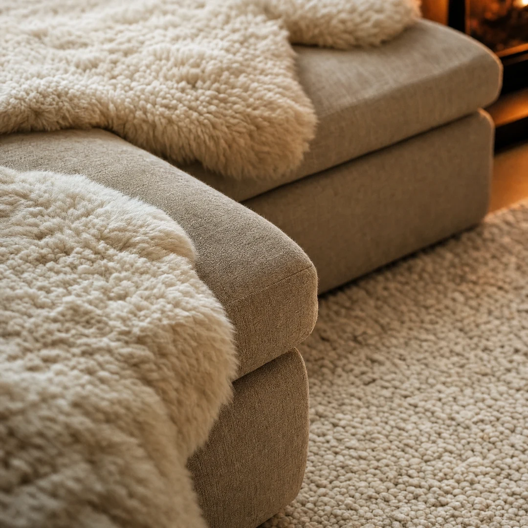 Bedroom layered in sheepskin and chunky knit