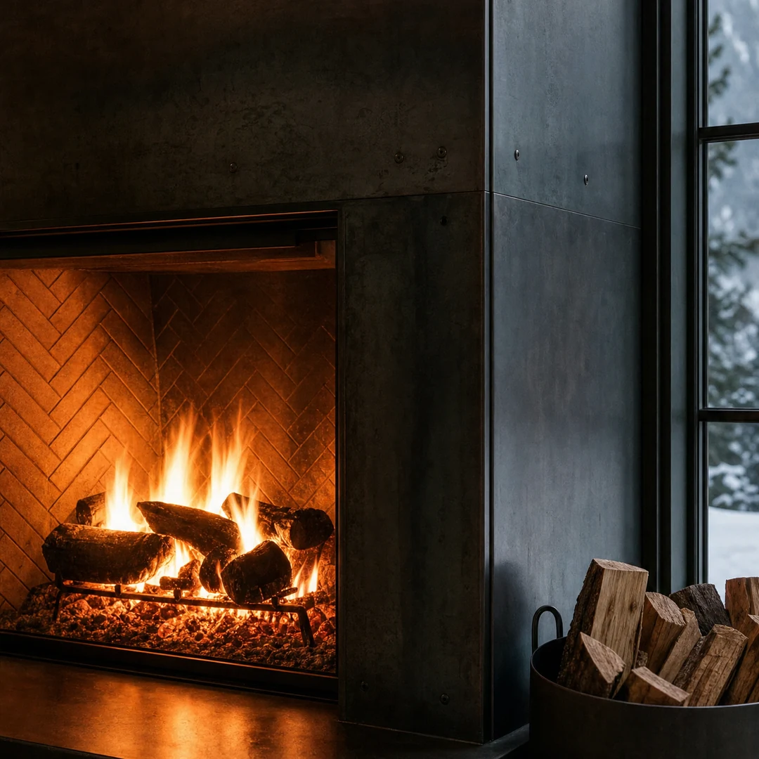 Blackened-steel fireplace lit against soft plaster