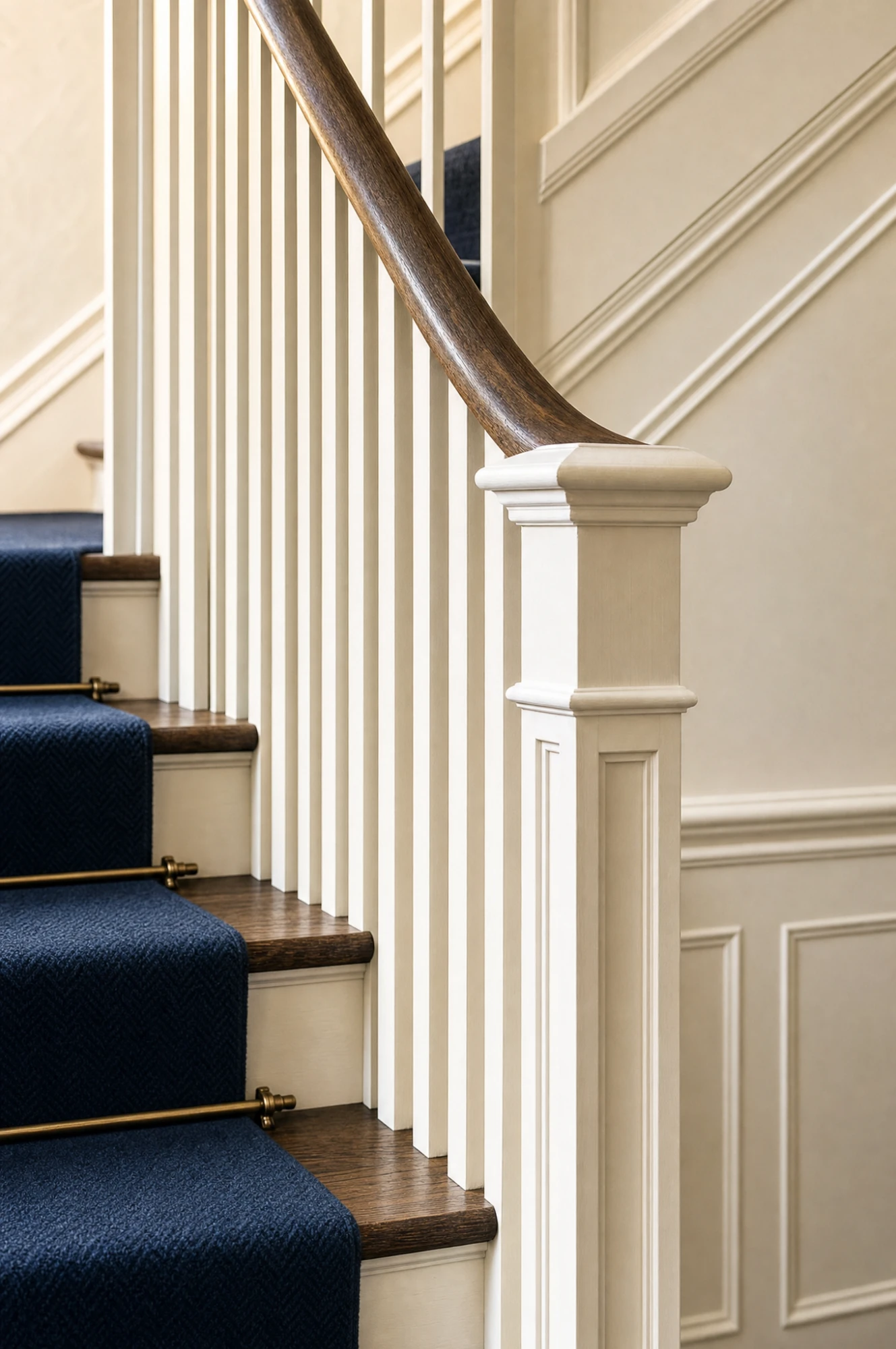 Newel post and banister in painted millwork and dark oak
