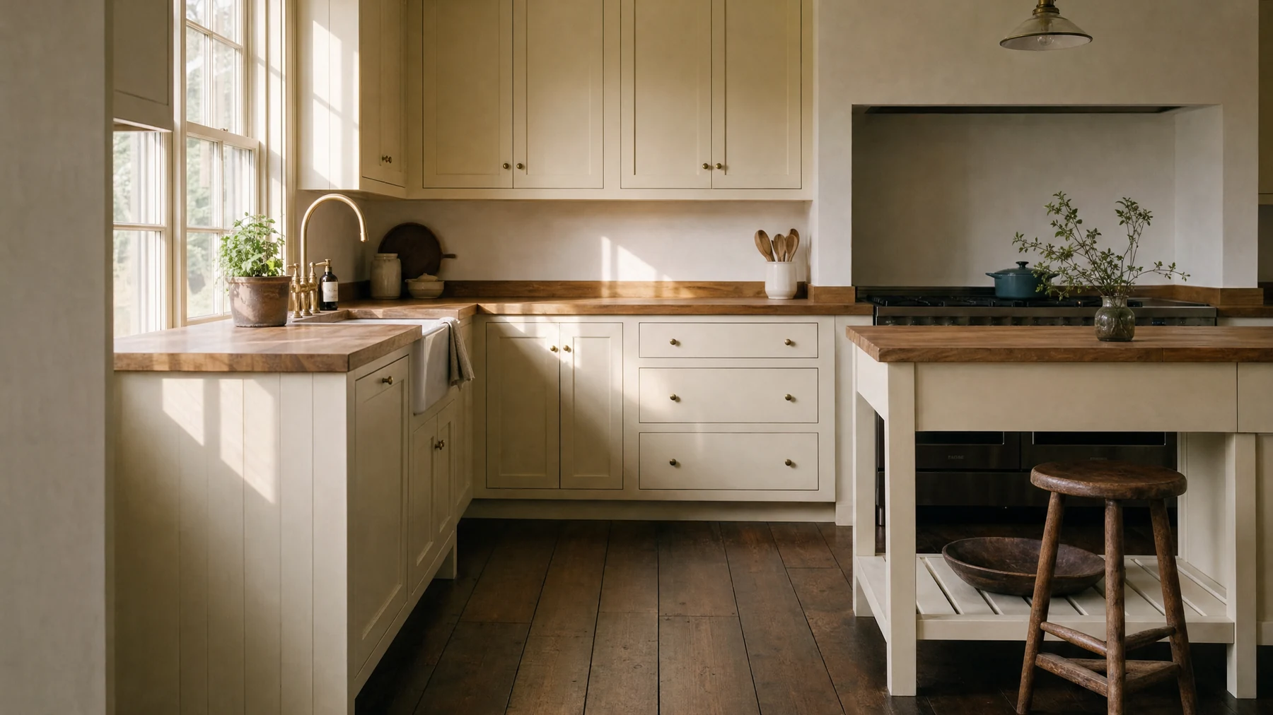 Farmhouse kitchen with pale cabinetry and wide-plank floors