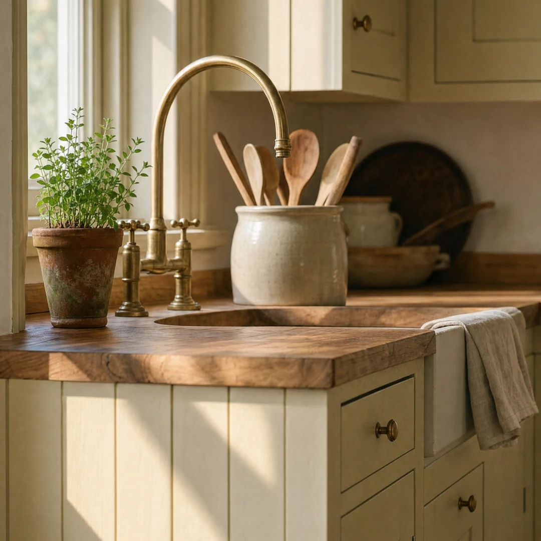 Open shelf with stoneware and pitchers