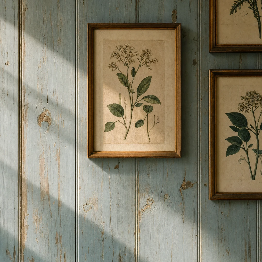 Framed botanical studies on a painted wall