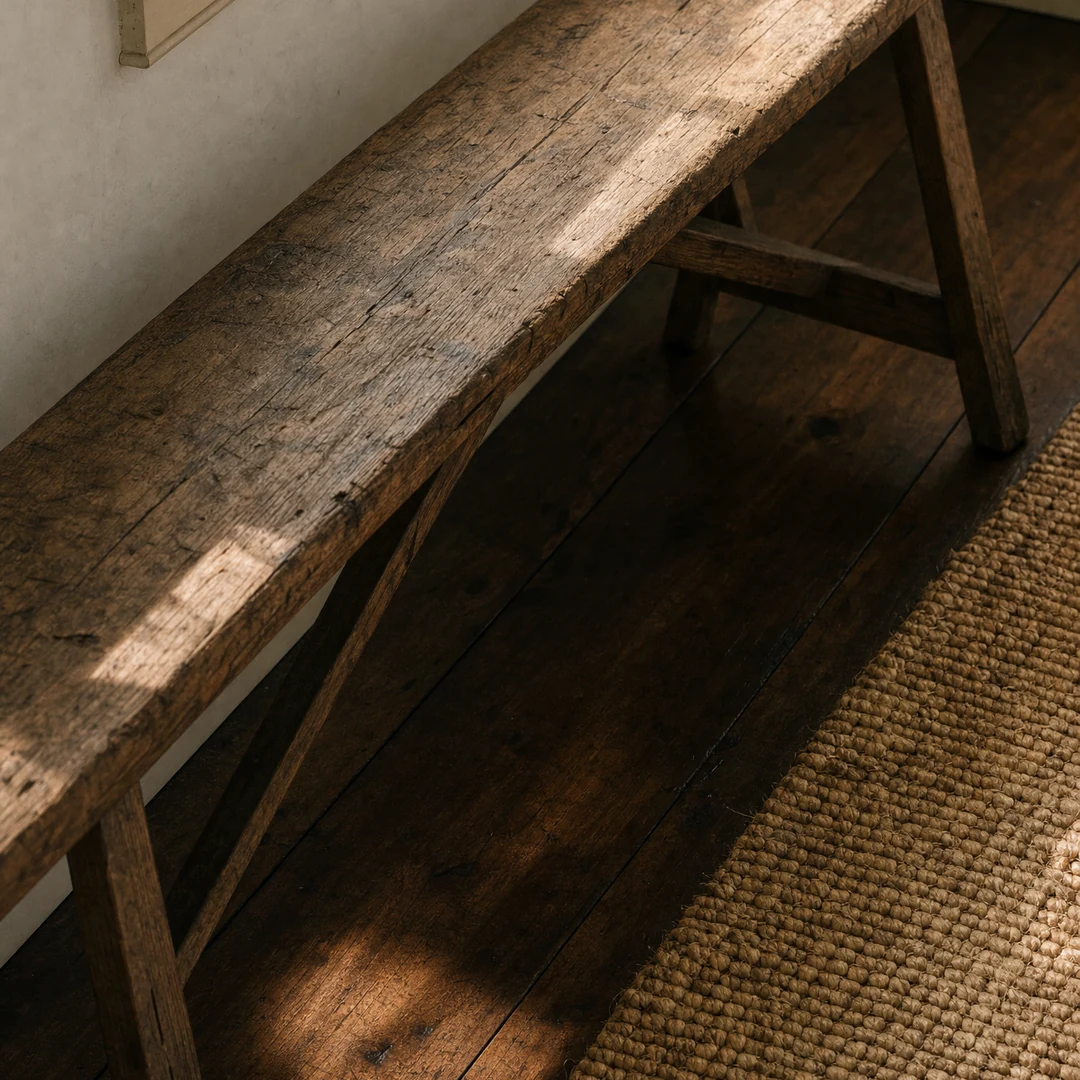 Reclaimed wood bench and beam detail