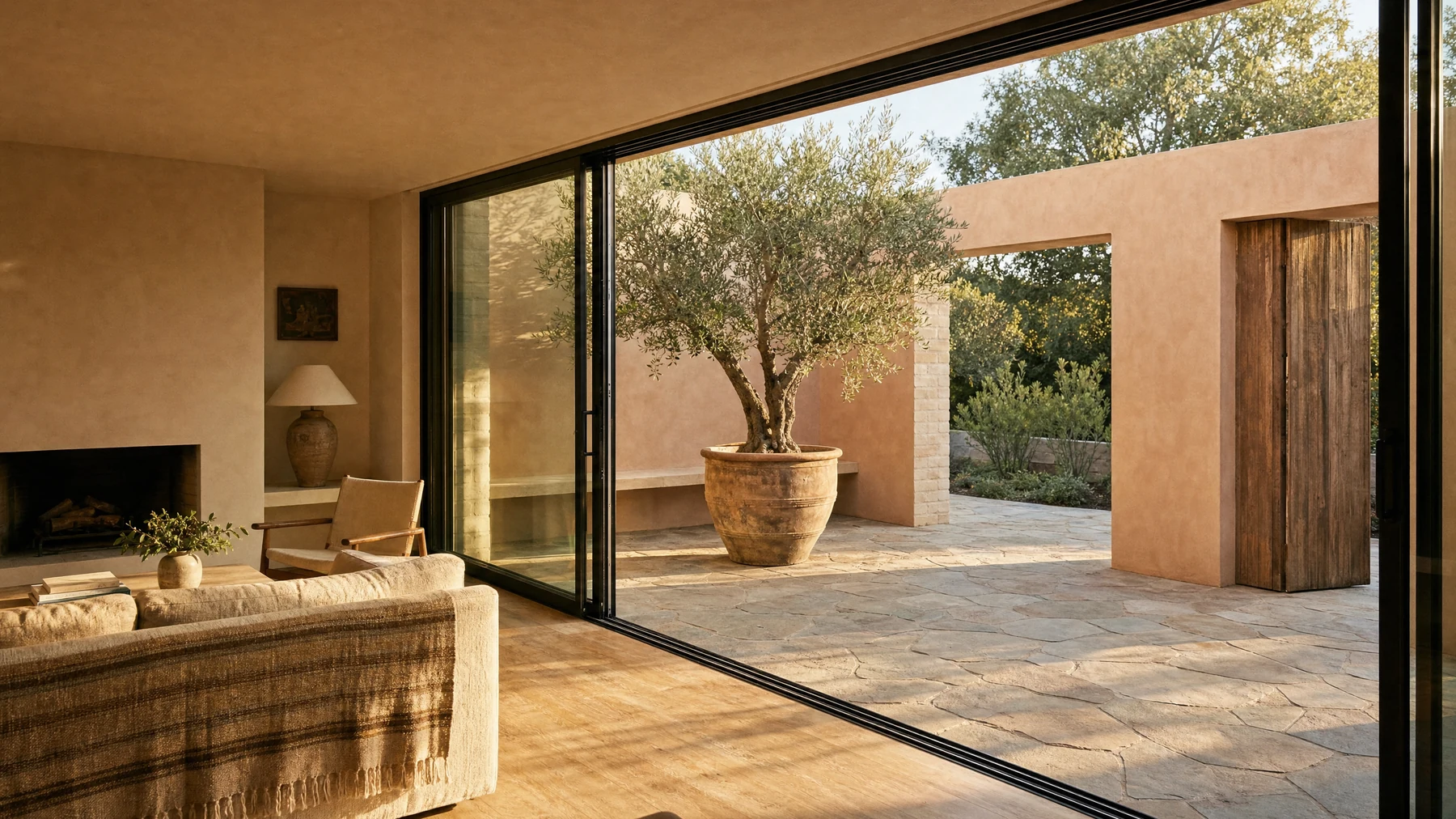 Living room opening to the courtyard through a single sliding glass wall
