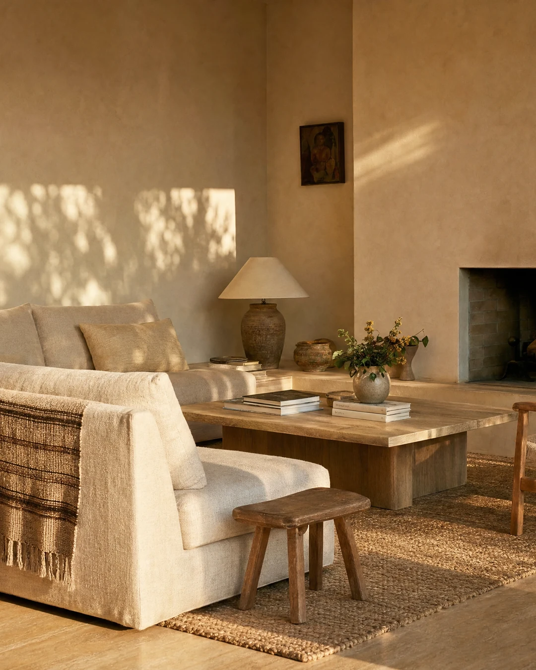 Plaster living room with linen seating and travertine floors