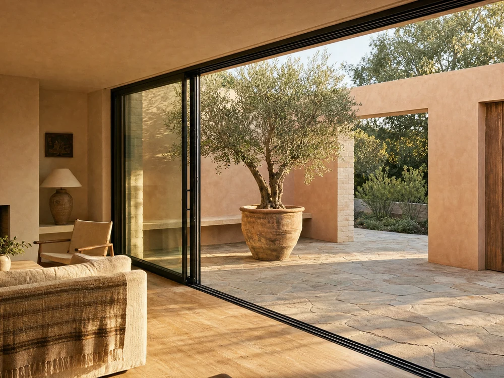 Fireplace with the courtyard and olive tree beyond