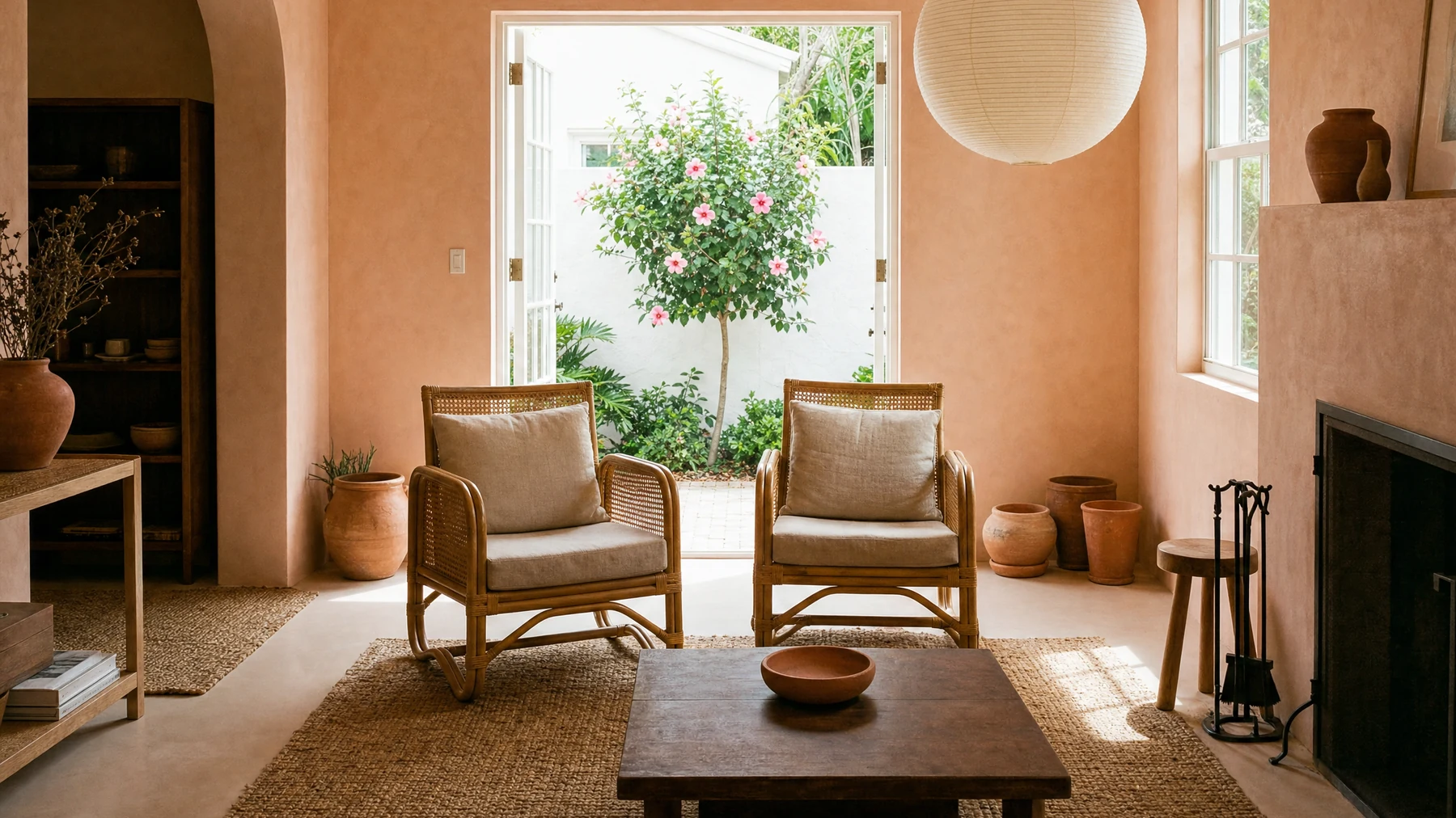 Living room with a low sofa and courtyard light