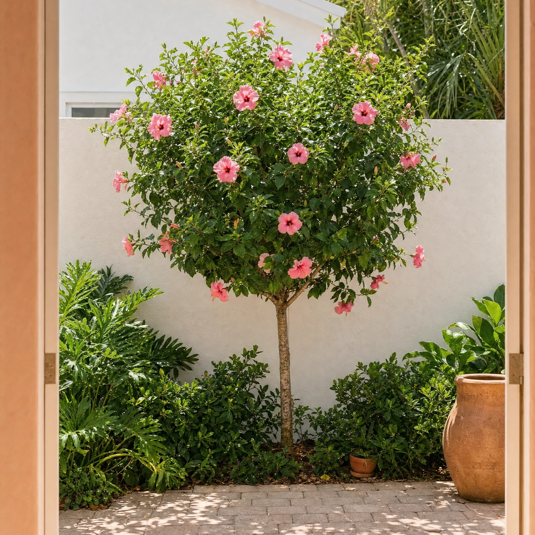 Citrus tree against a coral plaster wall
