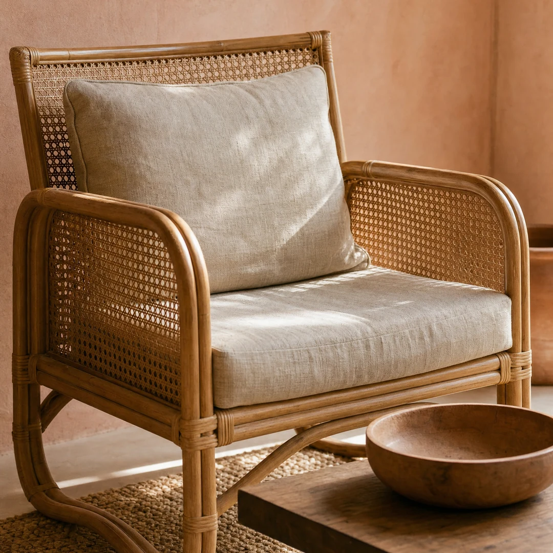 Cane lounge chair in warm afternoon light