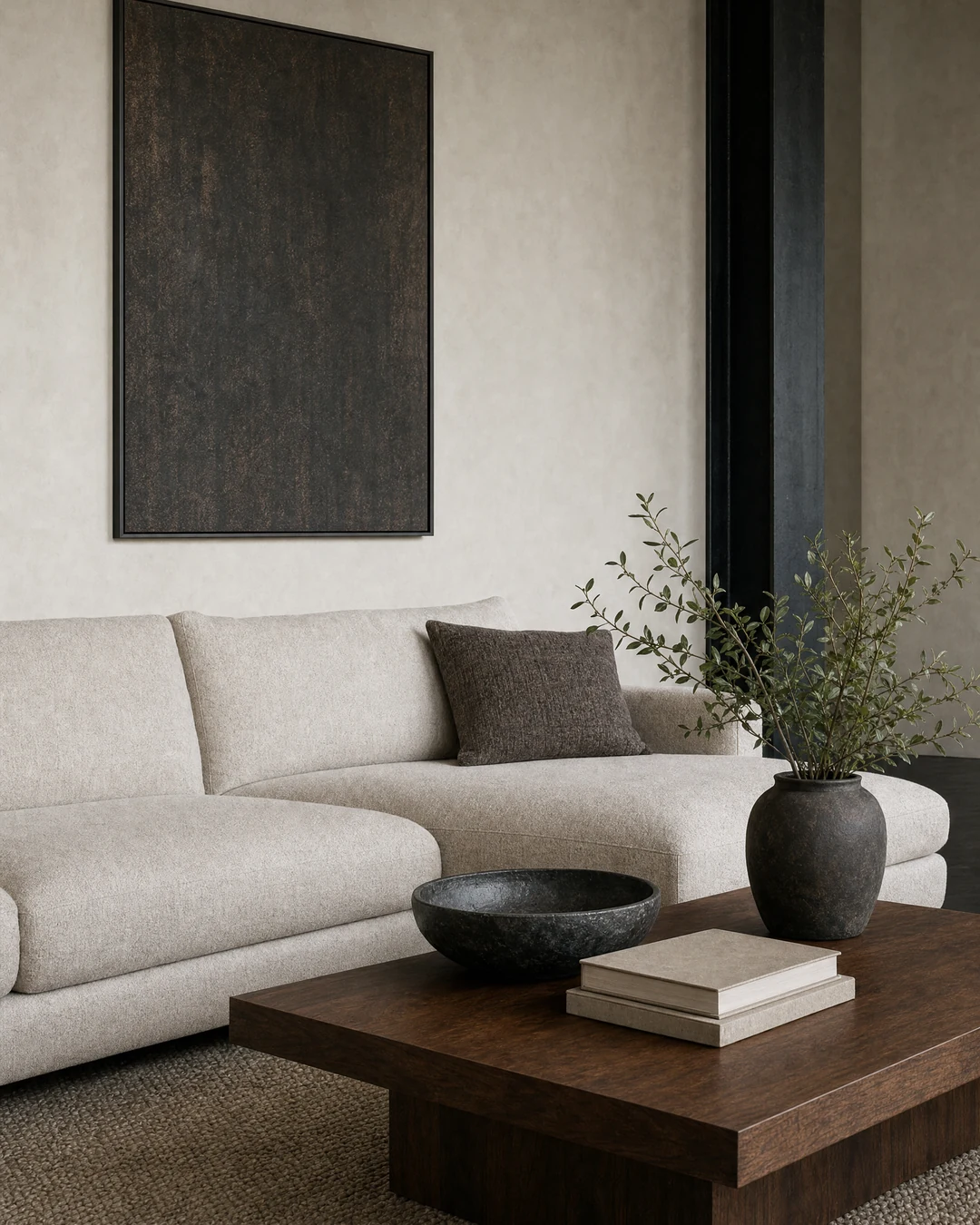 Living area with a low sofa in raking afternoon light